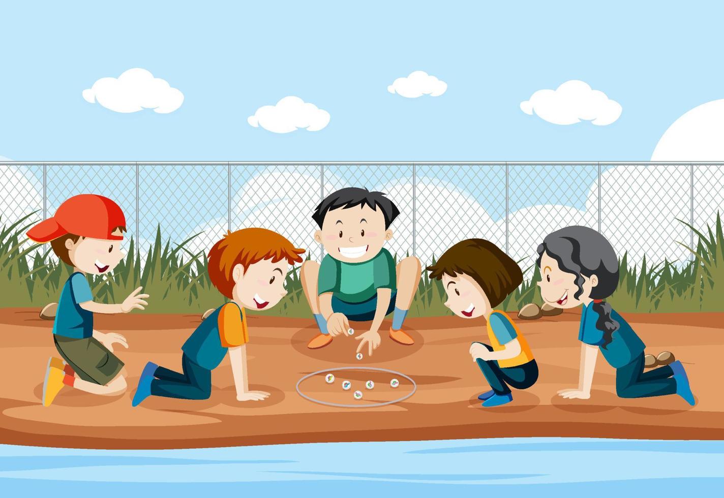 parque ao ar livre com crianças jogando bolinhas de gude 6981173